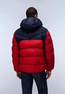 2026 Men's <b>Red</b> And Navy Color Blocking <b>Hooded</b> Puffer <b>Jacket</b> With Zipper Closure Windproof Down Filled Winter Casual Outerwear - Product Image 5