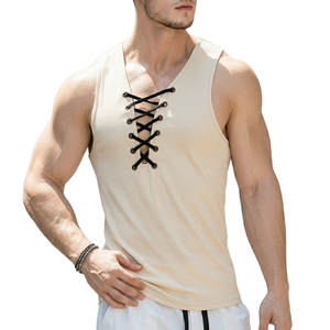 OEM Custom Made Men's Lace Up Sleeveless Tops Casual Summer Beach <b>Vest</b> Deep V-Neck Drawstring Shirts Wholesale Tank Tops For Men - Product Image 5