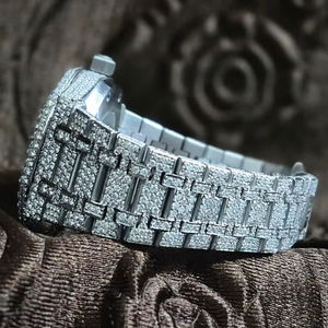 Reloj Moissanite de lujo estilo Hip Hop, movimiento de cuarzo VVS totalmente helado, esfera de acero inoxidable de 41mm, correa de cuero, esfera de puntero - Product Image 1