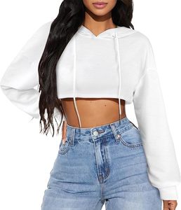 Sudadera Corta con Capucha, Color Sólido, Manga Larga, Tejido de Punto, Algodón, Talla Grande, Asimétrica, Informal, Top de Otoño para Mujer - Product Image 1