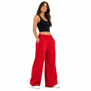 Pantalon de survêtement en molleton rouge pour femme, coupe large, taille haute, couleur unie, décontracté, longueur intégrale, avec poches et taille élastique - Product Image 2