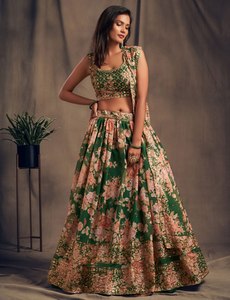 Conjunto de Lehenga Elegante de Organza Bordada con Flores Verdes para Mujer, Blusa sin Mangas y Falda, Vestido Tradicional para Bodas y Festivales - Product Image 1