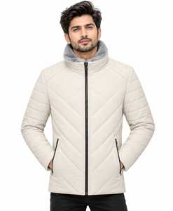 Veste matelassée beige pour homme avec col montant en fausse fourrure, fermeture éclair, coupe-vent, manteau d'hiver - Product Image 1