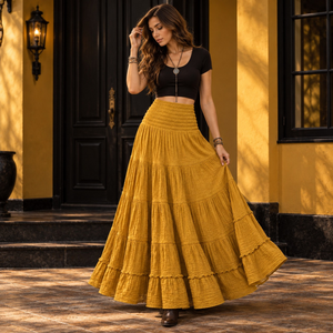 Flowy Tiered Cotton Maxi <b>Skirt</b> | Women's Smocked Waist <b>Boho</b> Crinkle Long <b>Skirt</b> Casual Vacation Festival Summer Resort Beach Wear - Product Image 2