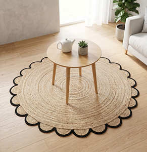 Handmade <b>Round</b> Braided Jute Rug with Natural Fringe Farmhouse Bedroom Rug for Relaxed Boho Interior Styling - Product Image 4