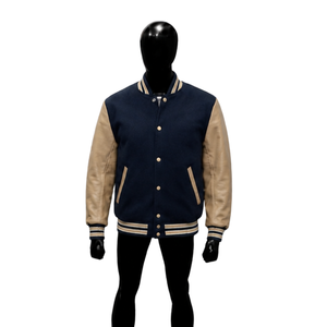 Veste universitaire en laine bleu marine de qualité supérieure avec manches en cuir beige, veste de baseball personnalisée pour hommes et femmes, vente en gros - Product Image 1