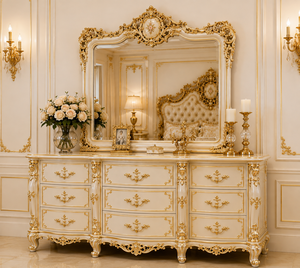 Suite de chambre à coucher style Maharaja Cal King avec lit à baldaquin personnalisé de luxe blanc et or, taille King, directement de l'usine en Australie - Product Image 4