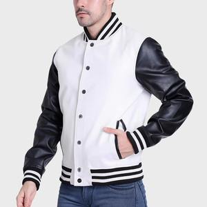 Blouson universitaire unisexe en cuir PU blanc et noir, décontracté, à boutons sur le devant, col montant, coupe classique, coupe-vent d'hiver en tissu de laine, couleur unie - Product Image 2