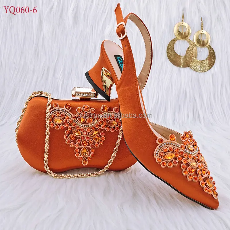 YQ060 Orange Ladies Matching Shoe and Bag With Big Crystal Nigerian Shoes and Bags Set for Party Women Shoe and Bag To Match