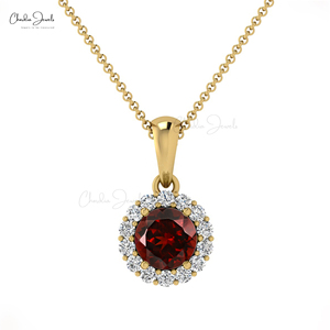 Pendentif en grenat du Mozambique, pierre précieuse ronde de 4 mm, avec collier en or massif 14 carats et diamants, fournisseur en gros d'Inde - Product Image 1