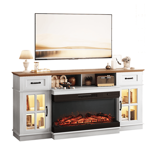 Meuble TV pour foyer de 36 pouces avec dessus brun et armoire blanche délavée, 2 portes, 2 tiroirs, 1 étagère, lumières RGB, console multimédia - Product Image 1