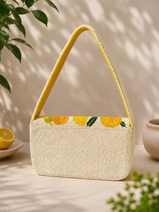Sac à main en textile brodé floral, motif citron jaune, pochette perlée artisanale, sac rectangulaire en polyester brodé lavable - Product Image 4