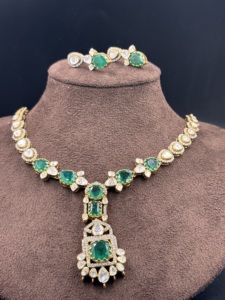 Amaira Jewels Brass Green Doublet Pendant Sets CZ Polki Handmade Ethnic Women's Jewelry Cut Engagement <b>Statement</b> <b>Necklace</b> Set - Product Image 3