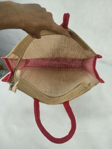 Natural Jute <b>Tote</b> Shopping <b>Bag</b> Red Fabric Trim Rope Handles <b>Zipper</b> Closure-Reusable Eco-Friendly Wedding Exhibition Grocery <b>Bag</b> - Product Image 6