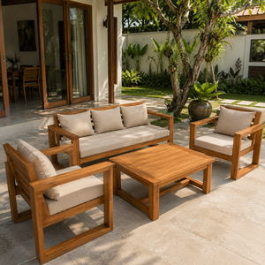 Modern Teak Wood Outdoor Patio <b>Sofa</b> <b>Set</b> with Cushions and Square Coffee Table for Garden Patio Villa Resort Hotel - Product Image 2
