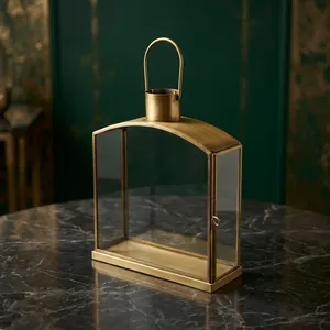 ARTISAN DESIGN L163 Modern Brass Metal Glass <b>Hurricane</b> <b>Lantern</b> Decorative Tabletop Home Decor for All Occasions Irregular Shape - Product Image 3