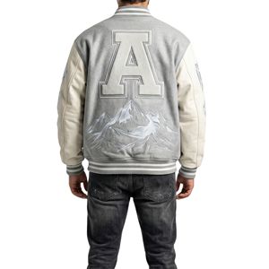 Light Grey Tonal Varsity <b>Jacket</b> A Patch Embroidery Textured Sleeve Letterman Coat Minimalist <b>Baseball</b> Bomber Fashion Apparel - Product Image 2