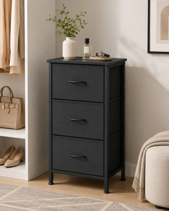 Commode moderne noire à 3 tiroirs avec structure en acier, meuble de rangement autoportant pour chambre à coucher, design en panneaux MDF - Product Image 5