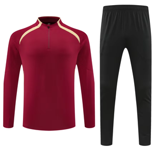 Ensemble de maillot de football pour hommes, haut à manches longues avec fermeture éclair rouge, pantalon noir, évacuation de l'humidité, respirant, séchage rapide, coupe régulière, toutes saisons - Product Image 1