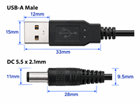 Câble d'alimentation certifié USB-A mâle vers prise DC 5,5x2,1 mm avec conducteur en cuivre étamé, gaine tressée durable, faisceau de câbles de charge