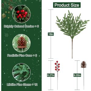 24 Alberi Artificiali di Pino Norfolk da 18 Pollici con Bacche Rosse, Steli Verdi Natalizi e Decorazioni di Pigne - Product Image 1