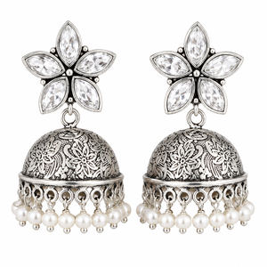 <b>Oxidized</b> Silver Traditional Antique Plated Bohemian Floral Jhumka Earrings Bezel Setting Rhinestone Pearl Drops Women Party - Product Image 1