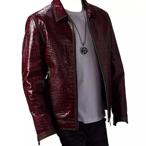 Men's <b>Red</b> Embossed Crocodile PU Leather Moto <b>Jacket</b> Turn-Down Collar Zipper Closure Regular Fit Autumn Street Wear - Product Image 3
