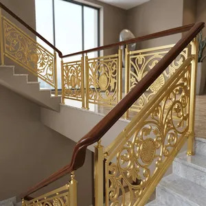 Barandal de Escalera Ornamental Dorado Elegante con Pasamanos de Madera y Grabados Florales para Decoración de Escaleras Interiores de Casas Dúplex de Lujo - Product Image 6