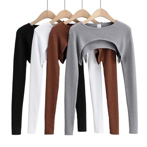 Women's Knitted Long Sleeve <b>Crop</b> <b>Top</b> Asymmetric O-Neck Casual Solid Color - Product Image 1