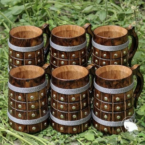 Handmade Wooden Viking Mug With Metal Bands And Rivets Antique Round Shape Durable Home Decoration - Product Image 3