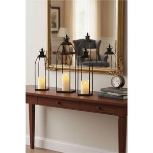 Lanterne décorative moderne en métal noir en forme de cage à oiseaux, porte-bougie en fer pour centre de table de mariage, décoration extérieure de jardin et de maison, vente en gros - Product Image 1