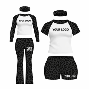 Ensemble de yoga imprimé léopard pour femme avec logo personnalisé, haut court, leggings et shorts, tenue de fitness 2 pièces, vêtements de sport sans couture - Product Image 4