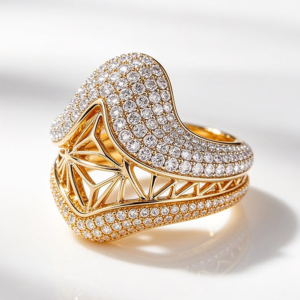 Luxury Geometric <b>Cocktail</b> <b>Ring</b> 18K Solid <b>Gold</b> Diamond Round Brilliant Cut Unisex Party Jewelry - Product Image 1