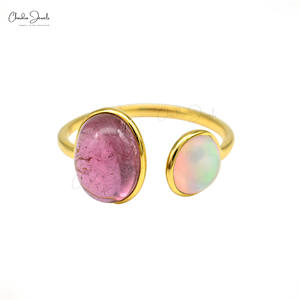 Verified Wholesaler 14K Solid Yellow Gold Opal <b>Split</b> Shank <b>Ring</b> 10X8mm Cab Pink Tourmaline Dual Gemstone Cuff <b>Ring</b> For Women - Product Image 2