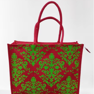 Sac fourre-tout en jute imprimé écologique avec fermeture éclair et poignée en sangle PP |   Sac de courses réutilisable à motif damassé floral pour les courses - Product Image 1