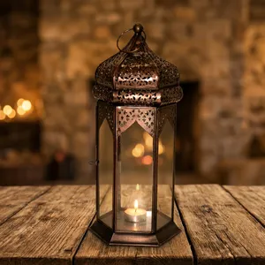Lanterne marocaine en métal et verre, porte-bougie vintage perforé fait main, décoration islamique antique, élégante pour table, jardin et maison - Product Image 5