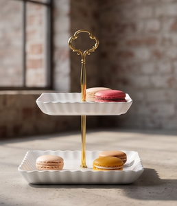 Modern White Metal 2 <b>Tier</b> <b>Cake</b> <b>Stand</b> Gold Stem Ornate Scroll Handle Rectangular Dessert Display Tray Party Table Decor - Product Image 4