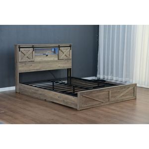 Base de Cama Queen Size Estilo Rústico con Luces LED, Estación de Carga, Cabecera de Madera Rústica y 2 Cajones de Almacenamiento - Product Image 3