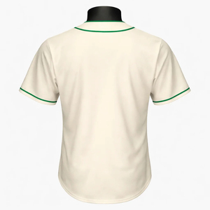 เสื้อเบสบอลแบบมีกระดุมเต็มตัว แต่งขอบสีเขียว พร้อมลายครีมพิมพ์ลายตามสั่ง ระบายอากาศได้ดี แห้งเร็ว เหมาะสำหรับเป็นชุดทีม - Product Image 2