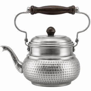 Silver Stainless Steel Tea <b>Kettle</b> With Wooden Handle Hammered Finish Lid Included Heat Resistant Design - Product Image 1