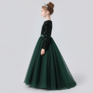 Elegante Vestido de Princesa Verde de Terciopelo con Lentejuelas Bordadas para Niñas, Vestido de Fiesta, Proveedor al por Mayor, OEM - Product Image 4