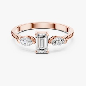 9KT Yellow Gold 1.34 CT <b>Emerald</b> and Marquise Cut Lab Grown Diamond Three Stone Engagement <b>Ring</b> for Women - Product Image 3