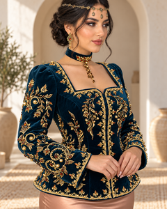 Deep Teal Velvet Elegant Moroccan Kaftan Pearl Details Copper Satin <b>Skirt</b> V Neck Flared Hem for Muslim Women Party Occasions - Product Image 2