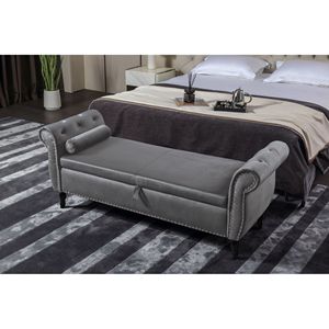 Pouf de canapé rectangulaire en velours de 63 pouces, multifonctionnel avec rangement, pieds en bois massif, garniture capitonnée avec clous décoratifs, 1 coussin, mobilier de salon - Product Image 1