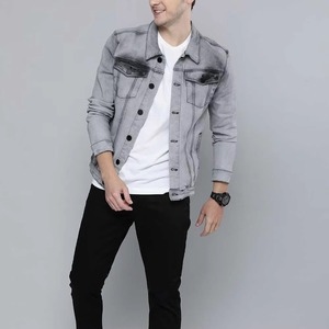 Men's Gray <b>Denim</b> Jacket Turn-down Collar Casual Single Breasted Button Closure Washed Cotton <b>Material</b> Regular Fit Autumn Style - Product Image 3