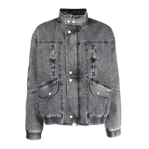 New <b>Custom</b> Plus Size Mens Apparel Highneck <b>Denim</b> <b>Jacket</b> Washed Distressed Men's <b>Denim</b> <b>Jacket</b> - Product Image 1