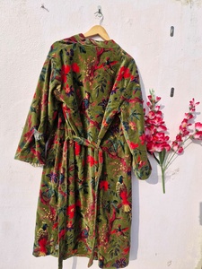 OFMD Green Bird Velvet Banyan Fabric Kimono Velvet <b>Robe</b> Long, Original OFMD break up <b>robe</b> Printed Kimono With Tassels - Product Image 2