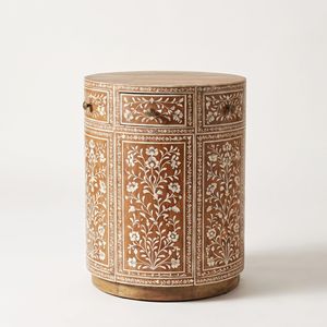 Mesita de Noche Redonda de Madera con Incrustaciones Florales de Nácar, Hecha a Mano, Mueble de Madera de Lujo con Nácar - Product Image 1