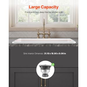 Lavello da Cucina Bianco Stile Rustico 33x19 Pollici in Argilla Refrattaria, Installazione Topmount o Sottotop, Vasca Singola per Uso Cucina e Applicazioni Multiple - Product Image 3