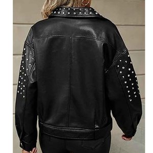 Womens Studded Leather <b>Jacket</b> Black Biker <b>Punk</b> Style Motorcycle <b>Jacket</b> Genuine PU Leather OEM Custom Wholesale Factory - Product Image 3
